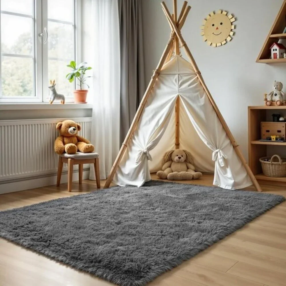 4x6 Grey Fluffy Shag Area Rug, Soft High Pile Carpet for Nursery & Bedroom Decor